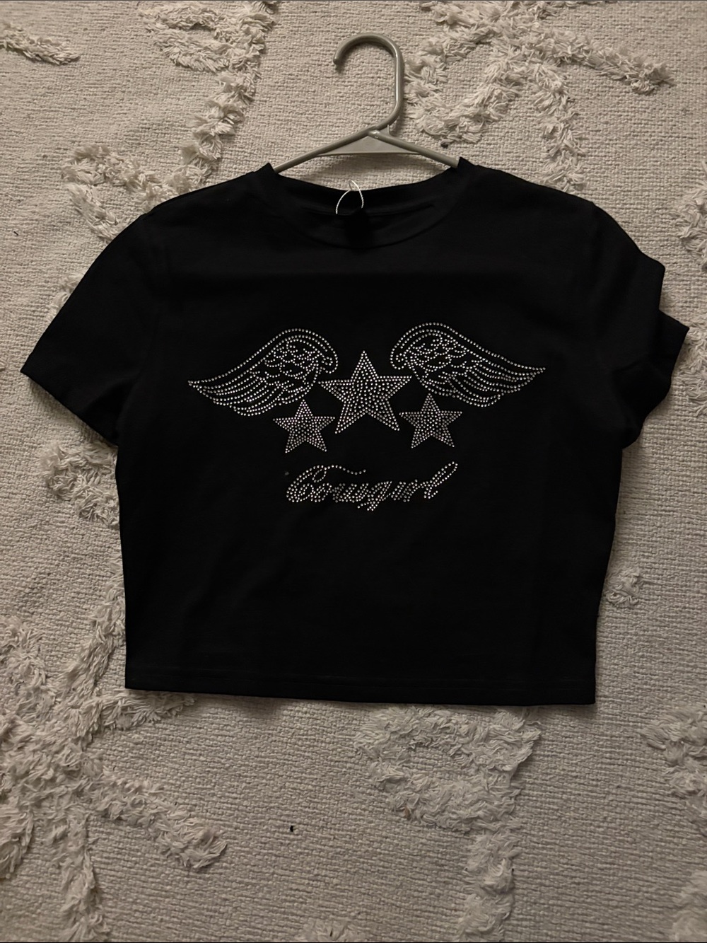 SHEIN Black Short Sleeve Rhinestone Wing & Star Crop Tee